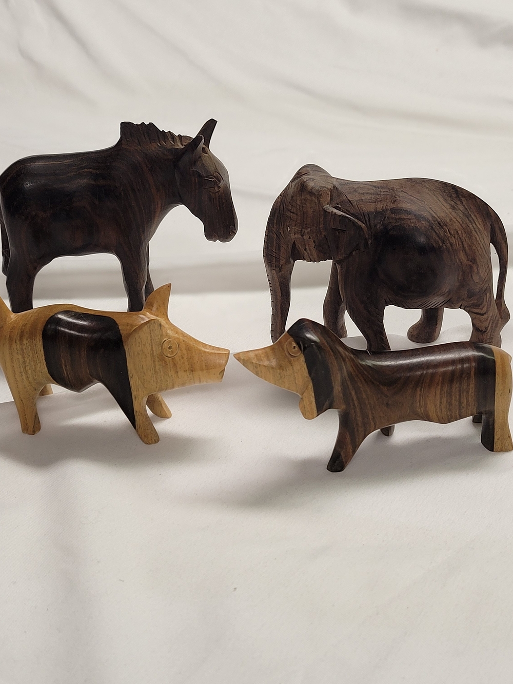 Hand-Carved Wooden Animal Figurines Set of 4 Beagle Pig Moose Elephant Rustic